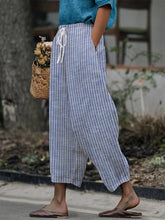 Women's Retro Striped Design Printed Lace-Up Elastic Waist Loose Casual Pants
