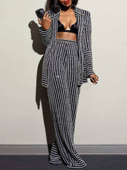 Fashion Loose Striped Long Sleeve Top& Empire Wide Leg Pants Two-Piece Suit