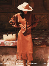 Casual Buckle Tasseled Solid Color Round-Neck Two Pieces Set