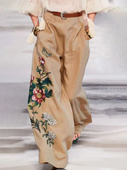 High Waisted Loose Belted Flower Print Pockets Pants Trousers