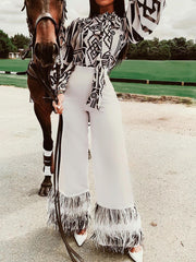 Casual Long Sleeves Round-Neck Floral Printed Tasseled Flared Pants Two Pieces Set