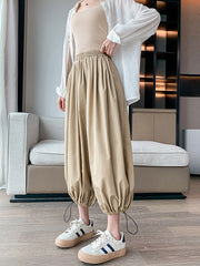 Drawstring Elasticity Pleated Solid Color Split-Joint High Waisted Loose Trousers Pants Ninth Pants Knickerbockers