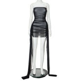 Mesh Ribbon Pleated Short Dress Women