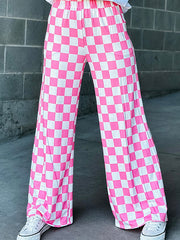 Contrast Color Elasticity Plaid Pockets High Waisted Loose Trousers Pants