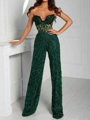 Bandeau Lace Backless Hollow Empire Straight Leg Jumpsuits