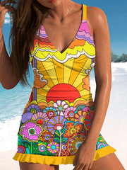 Women's V-Neck Retro Hippie VANPRINT Swimsuit And Briefs