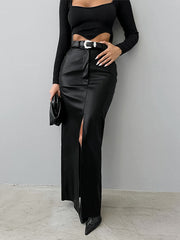 Pockets Solid Color Split-Front Split-Joint Velvet Bodycon High Waisted Skirts Bottoms