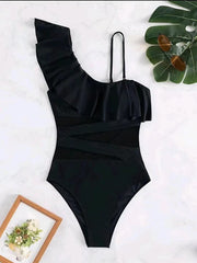 Ruffle Edge Patchwork Diagonal Collar Sexy One-Piece Bikini