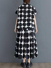 Buttoned Polka-Dot Loose Short Sleeves Lapel Blouse Tops Skirts Bottoms Two Pieces Set