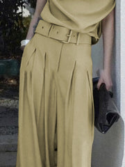 Loose Wide Leg Belted Pleated Solid Color Casual Pants Bottoms