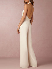 Halterneck Plunging Backless Wide Leg Jumpsuits