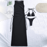 Three black swimsuit cover-ups and bikini skirts