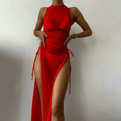 Three black swimsuit cover-ups and bikini skirts