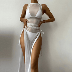 Three black swimsuit cover-ups and bikini skirts