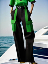 Contrast Color No Belt Pockets Split-Joint Half Sleeves Loose V-Neck Trousers Casual Pants Bottoms