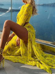 Sexy Long Sleeve Top&Split-Side Skirt Floral Print Vacation Two-Piece Suit