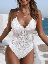 Ladies White Lace Cutout One-Piece Swimsuit