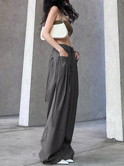 Pleated Solid Color Split-Joint Streamer High Waisted Loose Trousers Pants