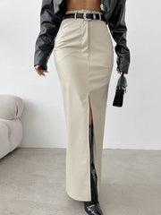 Pockets Solid Color Split-Front Split-Joint Velvet Bodycon High Waisted Skirts Bottoms