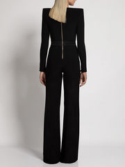 Stylish Deep V-Neck Long Sleeve Chains Empire Wide Leg Jumpsuits