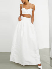 Spaghetti-Neck Top&Empire A-Line Skirt Solid Color Two-Piece Suit