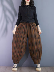Drawstring Elasticity Split-Joint Striped Harem Pants High Waisted Trousers Pants