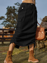 Drawstring Elasticity Pockets Solid Color Split-Back A-Line Loose Skirts Bottoms