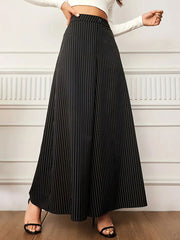 Buttoned Split-Joint Striped High Waisted Wide Leg Trousers Pants