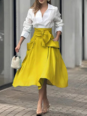 A-Line Loose Pockets Solid Color Split-Joint Tied Waist Skirts Bottoms