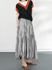 Elasticity Pleated Solid Color A-line High Waisted Skirts Bottoms