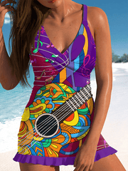 Women's V-Neck Colorful Hippie Guitar Print Swimsuit And Briefs