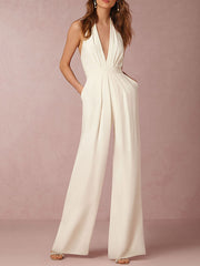 Halterneck Plunging Backless Wide Leg Jumpsuits