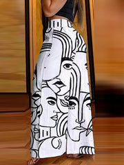 Chains Elasticity Figure Pockets Printed High Waisted Loose Trousers Pants