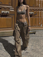 Buttoned Pockets Solid Color Split-Joint Loose Wide Leg Trousers Pants