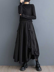 Elasticity Pleated Pockets Solid Color Split-Joint A-Line Loose Skirts Bottoms