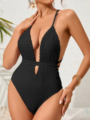 Women's Mesh Fabric Deep V Sexy Casual Vacation One-Piece Swimsuit