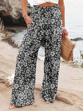 Elasticity Flower Print Pleated Pockets High Waisted Loose Trousers Pants
