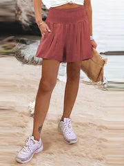 Elasticity Pleated Pockets Solid Color Split-Joint High Waisted Loose Shorts Bottoms