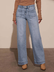 Belt Buckle Split-Joint High Waisted Wide Leg Jean Pants Bottoms