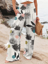 Elasticity Flower Print Pleated Pockets High Waisted Loose Trousers Pants