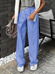 Buttoned Elasticity Split-Joint Striped Loose Wide Leg Trousers Pants