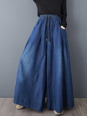 Drawstring Elasticity Pleated Pockets High Waisted Loose Jean Pants Bottoms