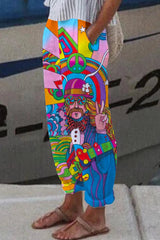 Hippie Music Guitar Print Loose Pocket Casual Pants