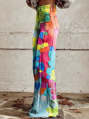 Women's Bright Color Block Print Casual Wide Leg Pants