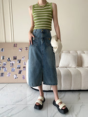 Pockets Split-front Split-Joint A-line Denim Skirts Bottoms