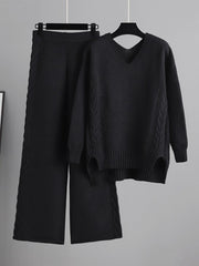 Urban Loose Solid Color V-Neck Sweater Tops& Wide Leg Pants Suits
