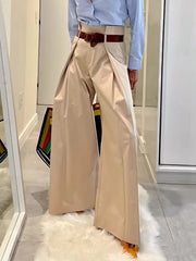 Pleated Solid Color Split-Joint High Waisted Loose Trousers Pants