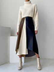 Asymmetric Contrast Color Split-Front A-Line High Waisted Skirts Bottoms