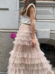 Solid Color Mesh Rufflrd Pleated A-Line Long Skirts