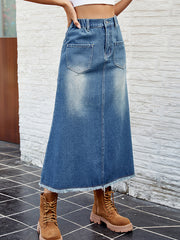 Buttoned Elasticity Fringed Pockets Split-Joint A-Line Loose Skirts Bottoms